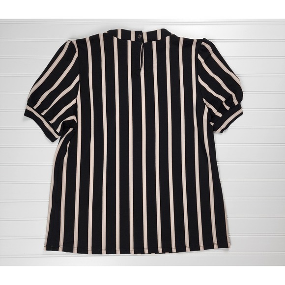 Adriana Papell Womens Size Medium Blouse Black Striped Short Sleeve Pleated - Picture 3 of 10